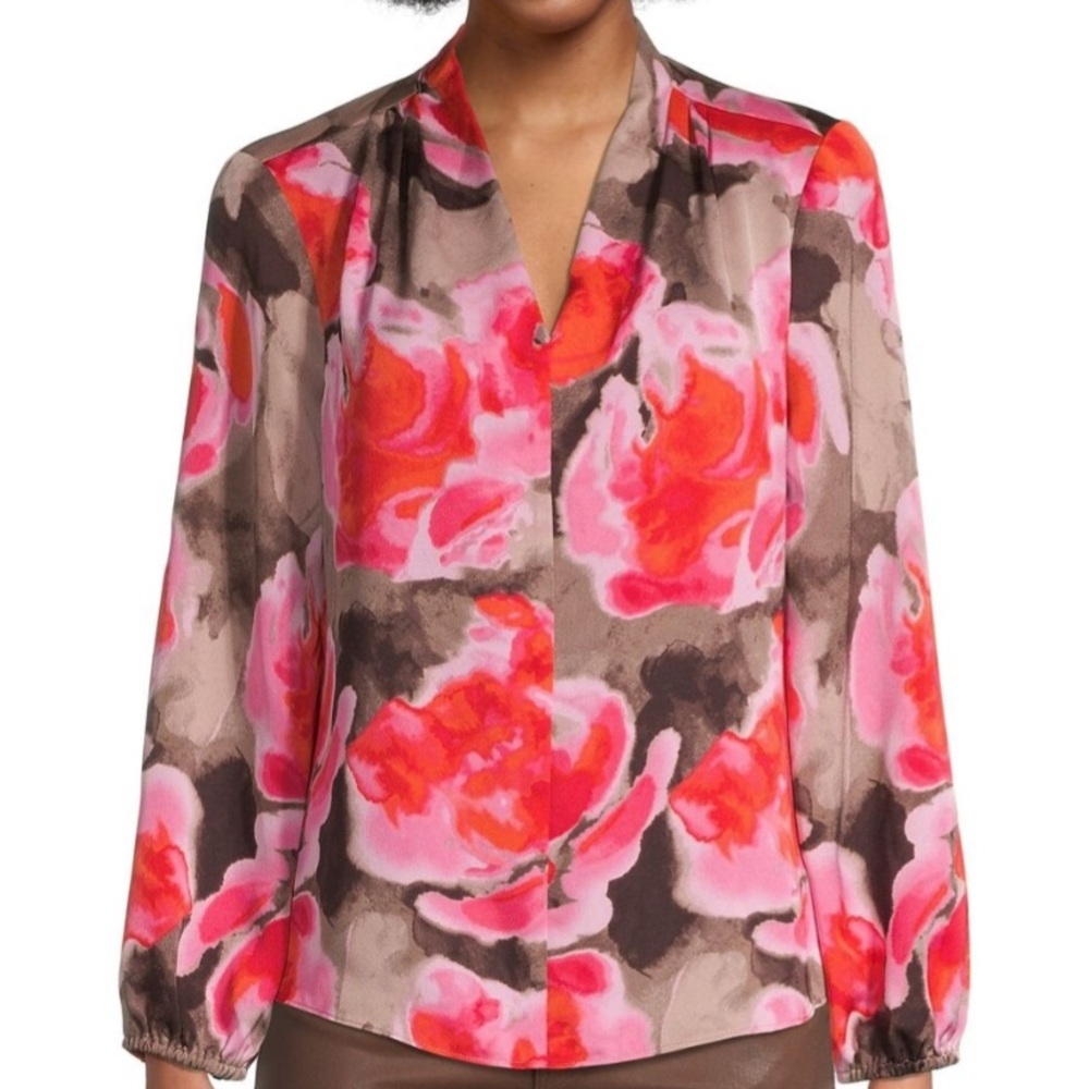 NWT NIC + ZOE Floral V-Neck Long Sleeve Lined Bodice Blouse Size Large